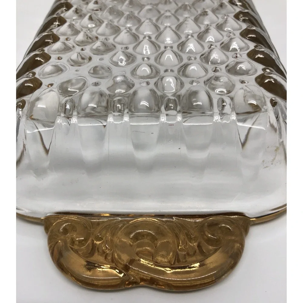 Vintage Glass Rectangular Cranberry Relish Tray‎ Butter Liner Dish Gold Trim